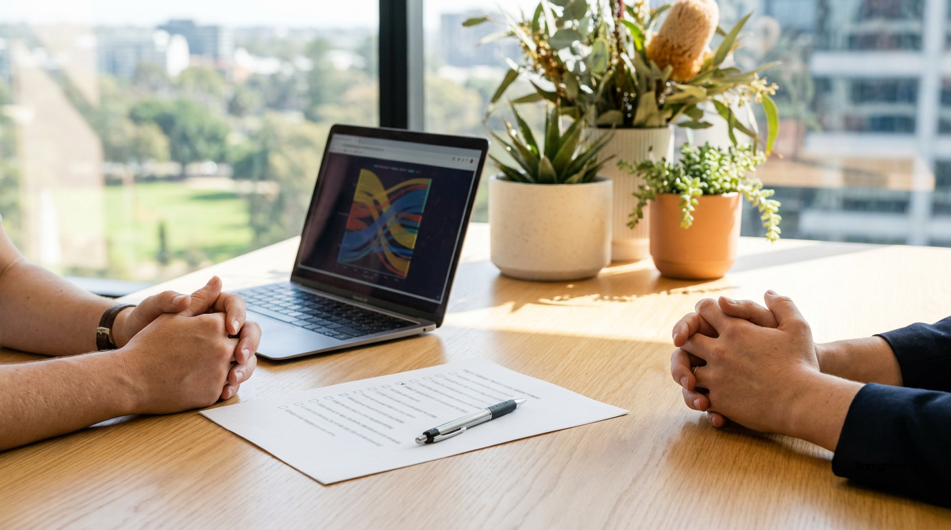 Hands near a checklist and pen on a meeting table during a planning session