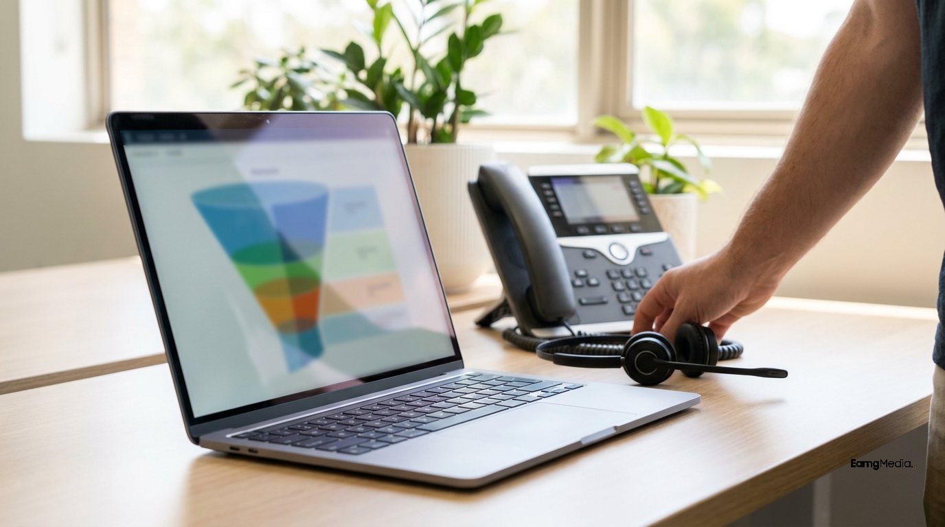 Sales desk with a phone, headset and laptop showing an abstract funnel dashboard