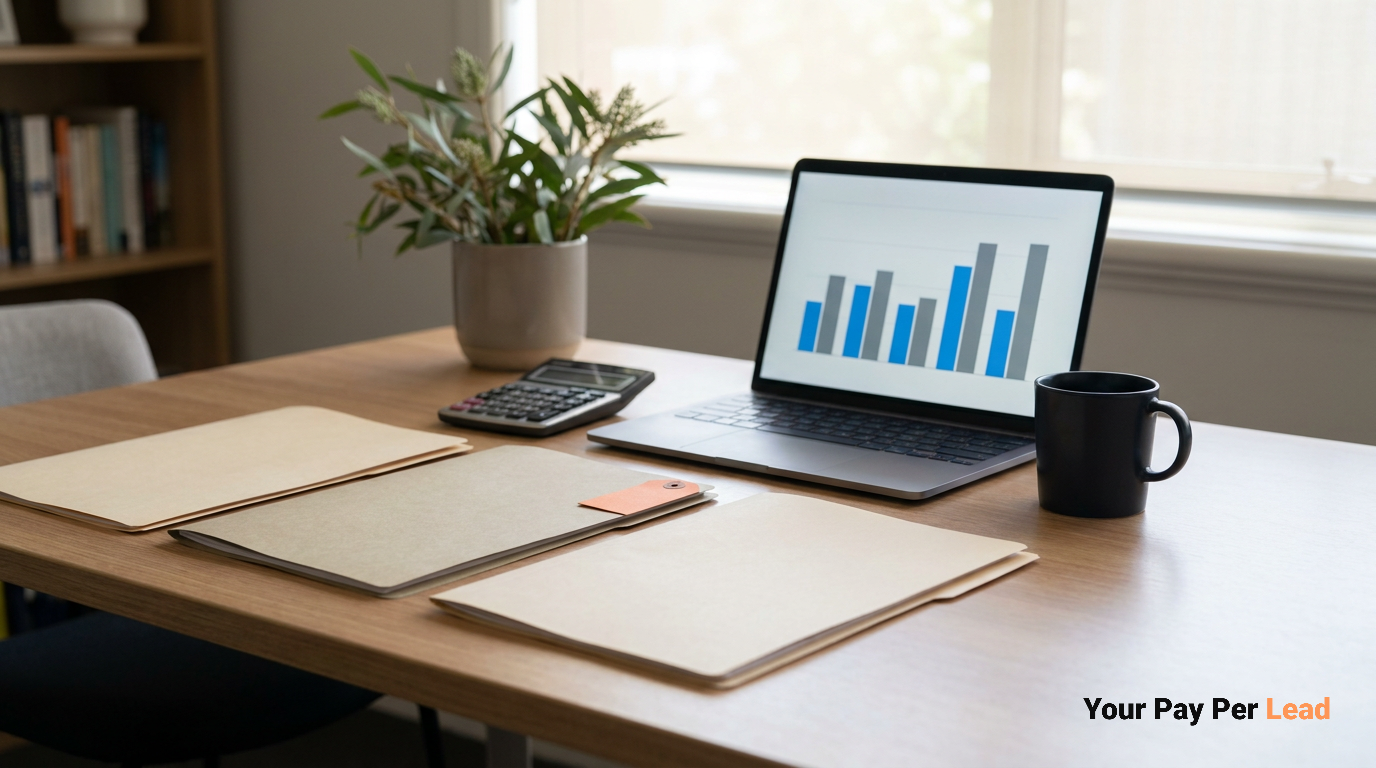 Three folders side by side on an office table next to a calculator and a laptop showing a chart