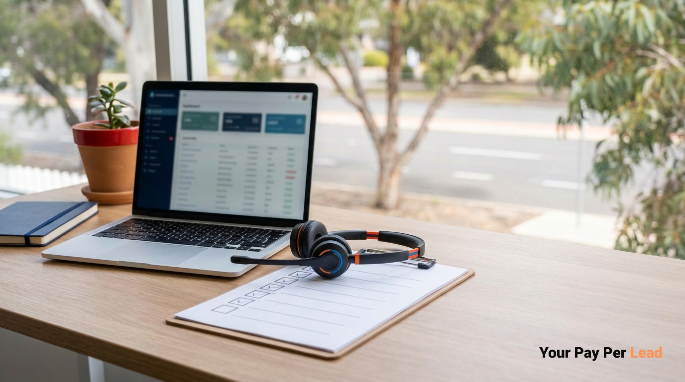 A headset beside a laptop and a ticked checklist on an office desk in daylight