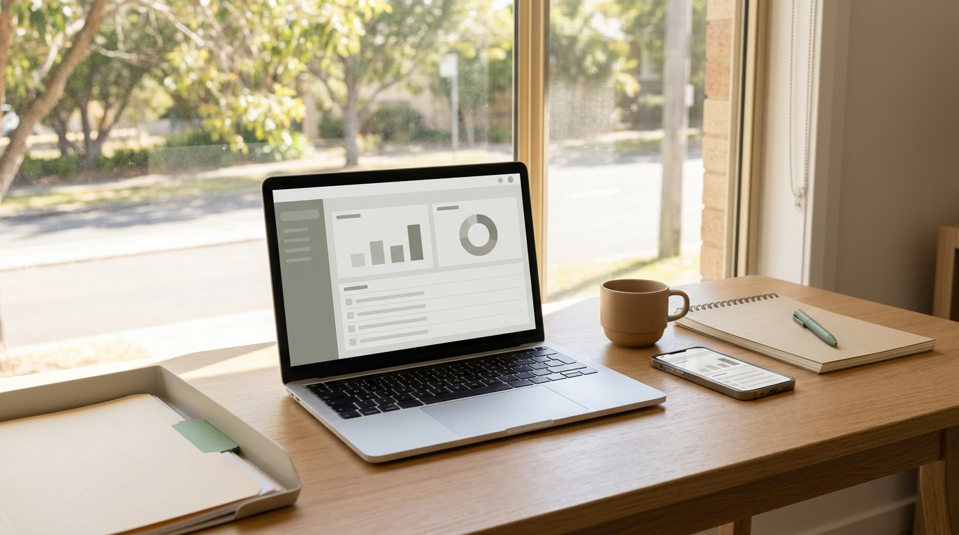 A broker's desk in daylight with a laptop showing a simple dashboard, a phone and a notepad