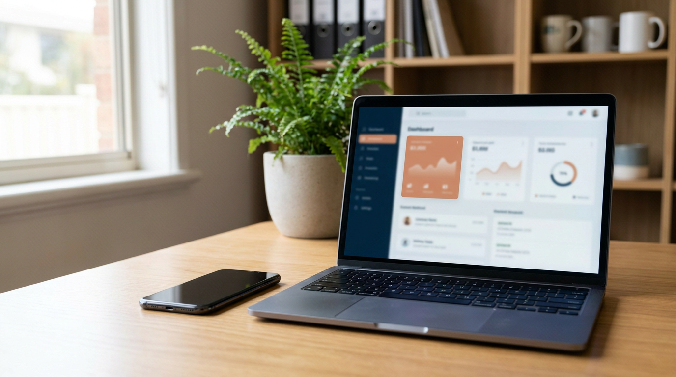 A phone next to a laptop showing a dashboard with one new entry highlighted
