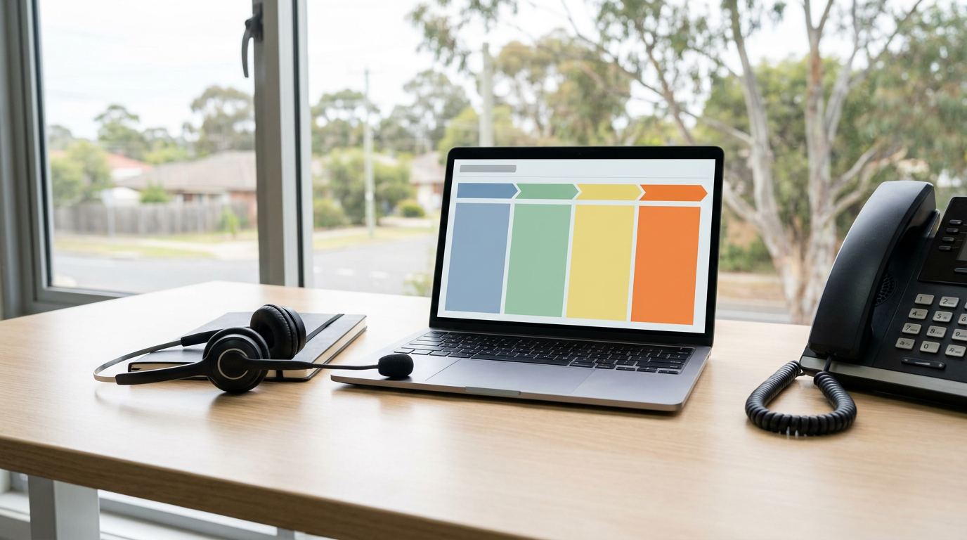 A headset beside a laptop showing a sales pipeline on an office desk ready for a follow-up call
