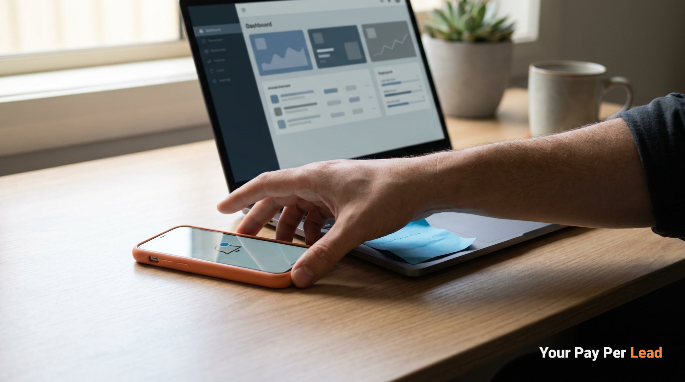 Hand picking up a phone showing a new notification beside a laptop with a lead dashboard