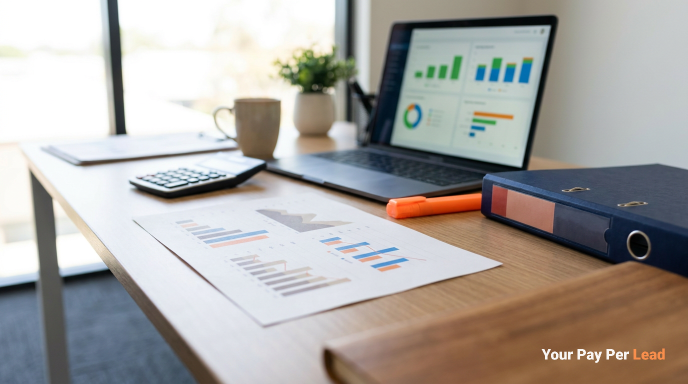 Desk with a calculator, abstract chart printout and laptop reporting dashboard for tracking lead costs