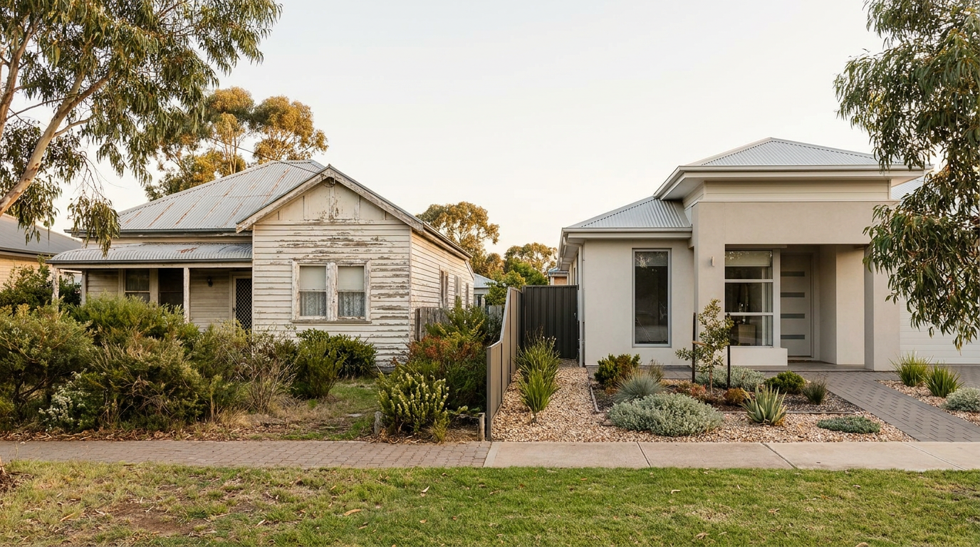An older weatherboard house next to a newly built modern home on an Australian suburban street