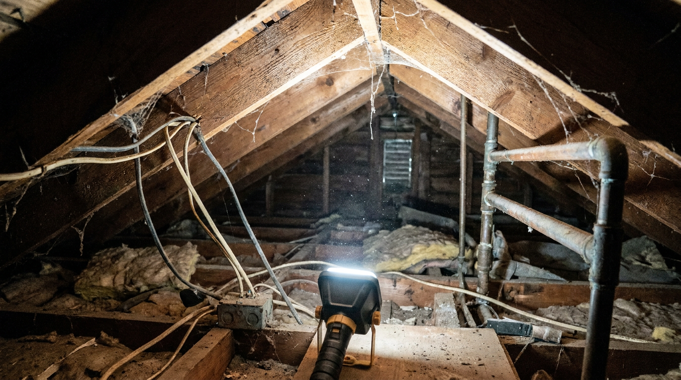 Old wiring, worn pipes and aged timber framing inside the roof space of an older house