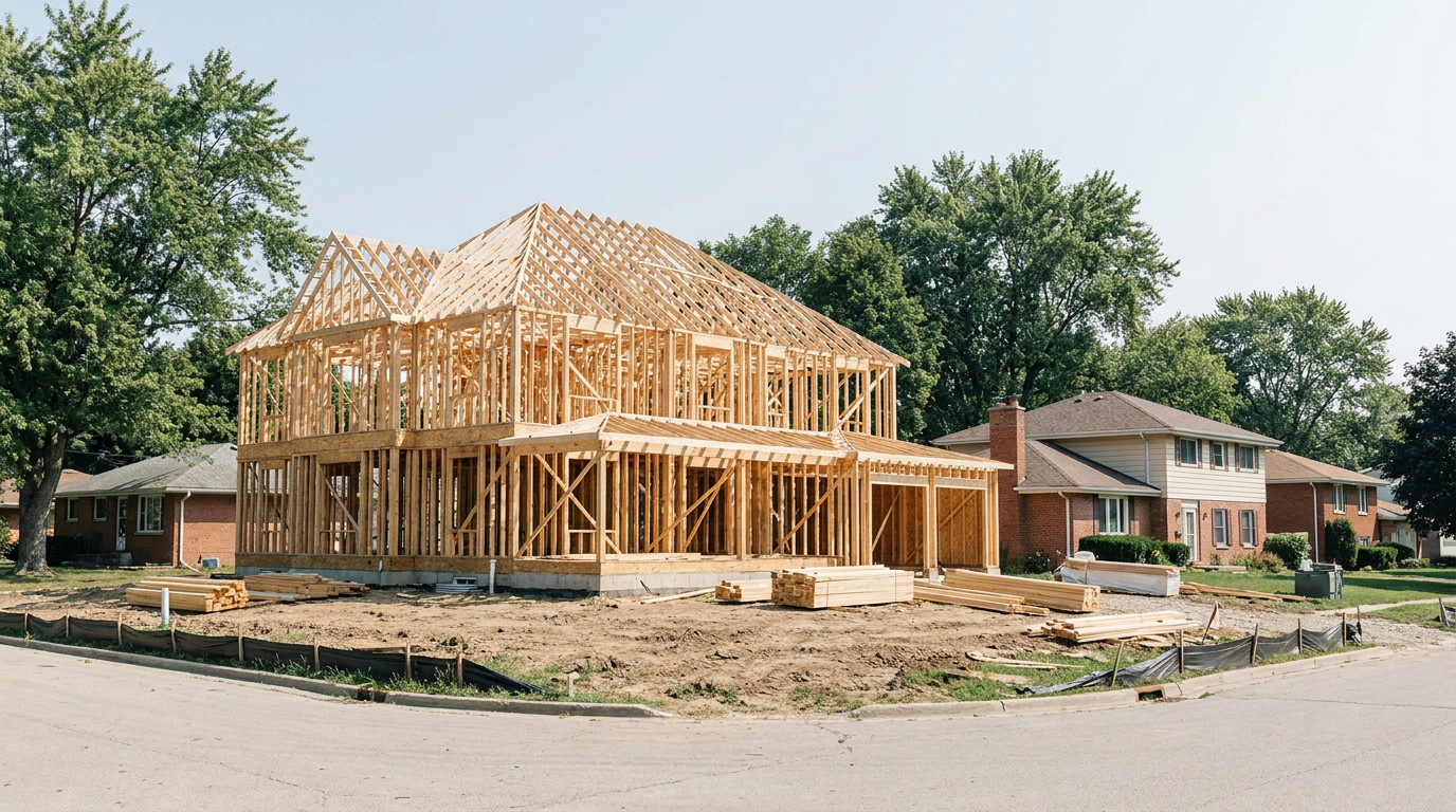 A new house frame under construction on a cleared block among established suburban homes