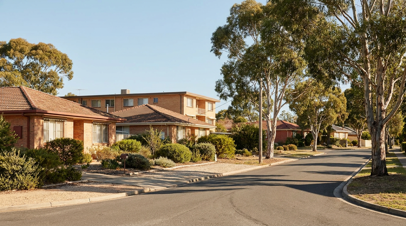A sunny Australian suburban street with a mix of houses and a small unit block