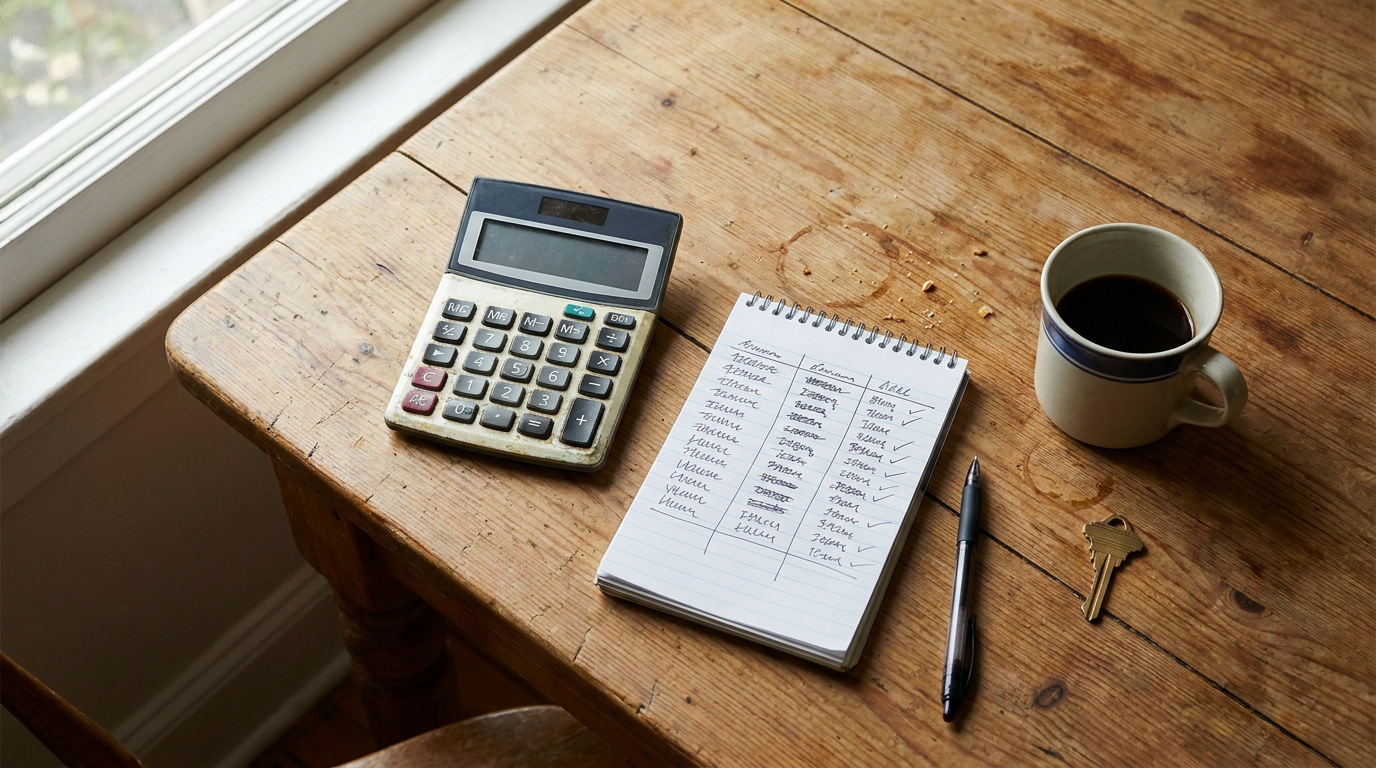 A calculator, notepad, pen, coffee and house key on a table, set up for budget planning