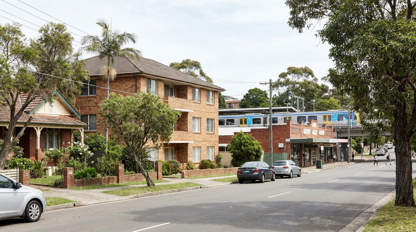 Houses and an apartment block near a suburban train station and a small row of local shops