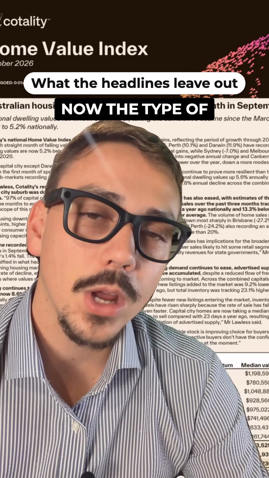 The presenter in black glasses talks to camera with a property value report and price table behind him